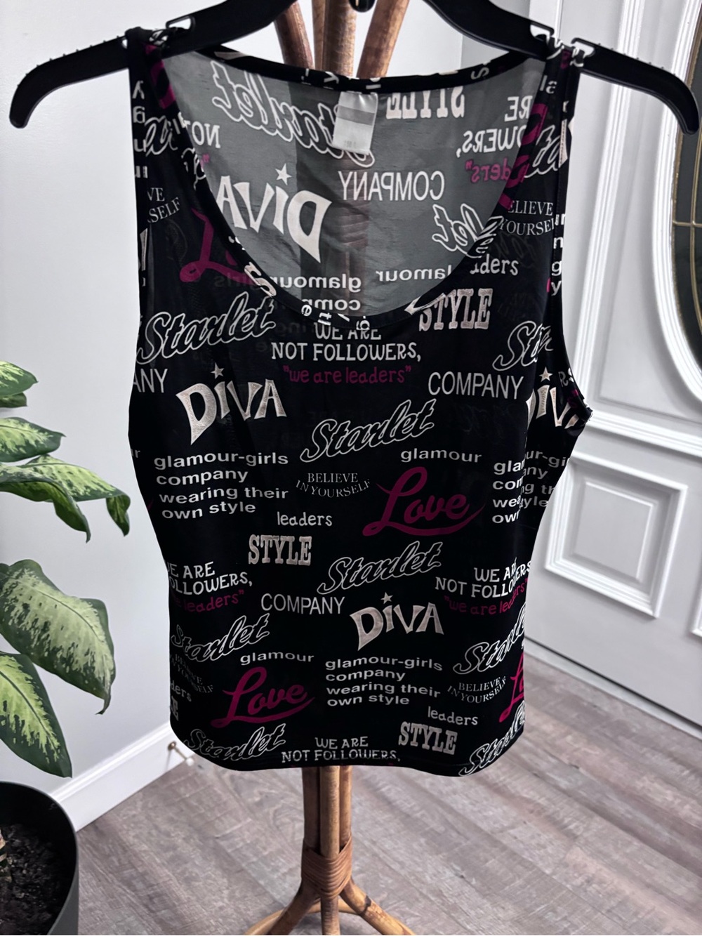 Retro Black Graphic Word Tank with Pink Accents